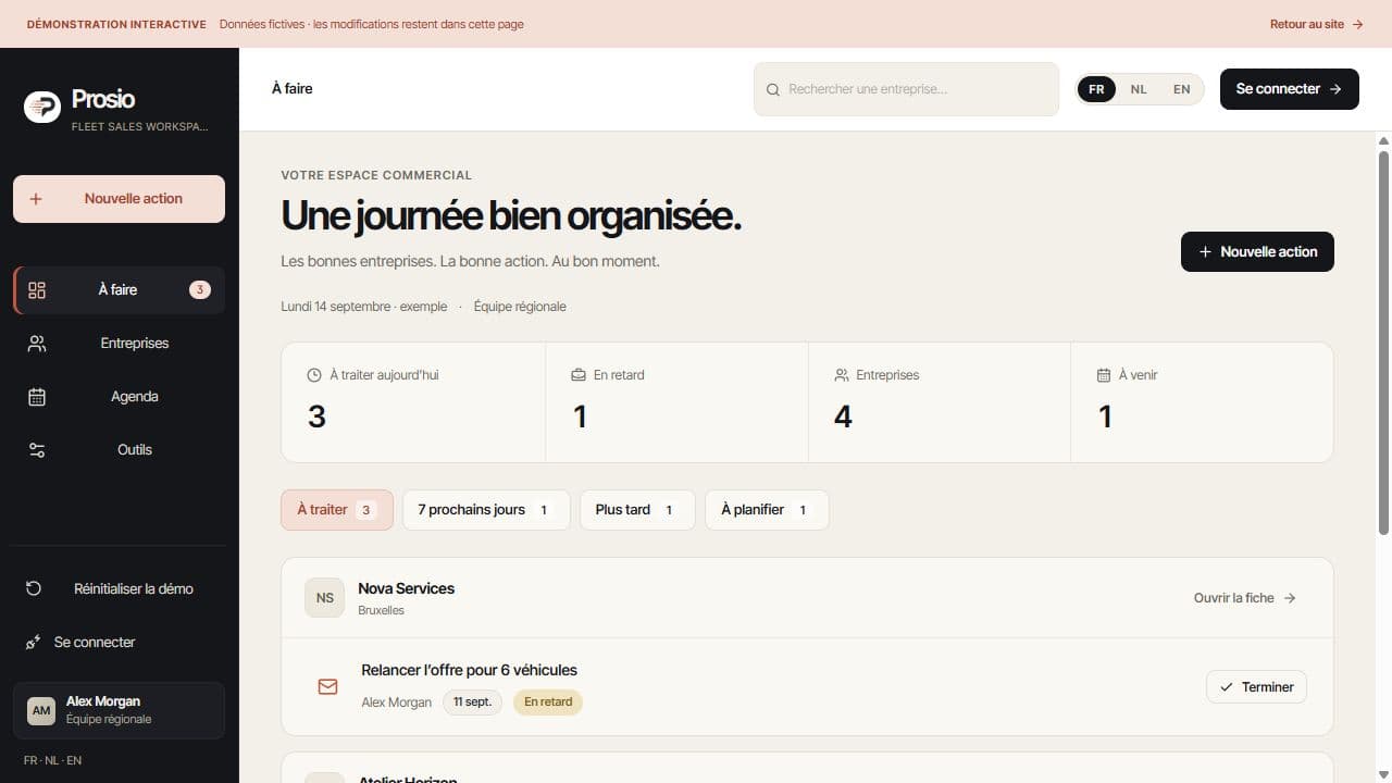 Démo Prosio : liste des actions commerciales regroupées par entreprise, avec leurs échéances et responsables.